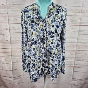 J Jill Women Size M Shirt Long Sleeve Top Button Front Blue Floral Career Office